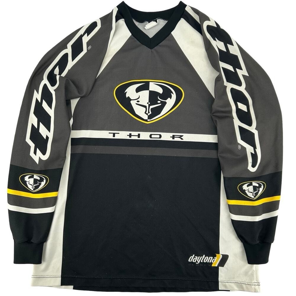 Vintage 90s Mens Thor Daytona Black Yellow Long Sleeve Motocross Jersey Shirt XL